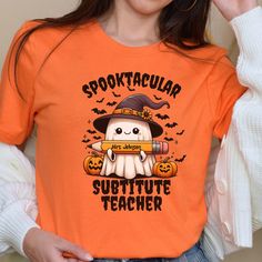 Halloween Substitute Crewneck Sweatshirt, Hoodie, Long Sleeve Tee or T-shirt makes the perfect shirt for any substitute this Halloween! In the personalization box, enter the name you would like on the pencil. (Ex: Mrs. Johnson) T-shirt: This is made with the Bella & Canvas 3001 classic unisex jersey short sleeve tee.  It fits like a well-loved favorite, soft cotton and quality print make users fall in love with it over and over again. These t-shirts have-ribbed knit collars to bolster shaping. T Fitted Long Sleeve Halloween T-shirt, School Crew Neck T-shirt For Fall, Crew Neck T-shirt For School In Fall, Orange Pre-shrunk Long Sleeve T-shirt, Fun Orange Long Sleeve T-shirt, Fitted Spooky T-shirt For Fall, Long Sleeve T-shirt For School In Fall, Funny Long Sleeve Halloween T-shirt, Education Shirts