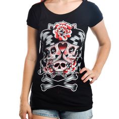 Two Headed Sugar Skull Boat Neck Tee By Too Fast Apparel Cap Sleeves And A Boat Neck This Shirt Is Very Soft Black Skull Print Tops For Alternative Fashion, Black Emo Top With Skull Print, Cap Sleeve Tee, Two Heads, Swag Shoes, Skull Cap, Fancy Dresses, Boat Neck, Sugar Skull