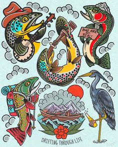 an image of tattoos with fish and birds