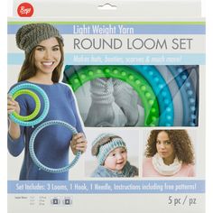 the light weight yarn round loom set includes 3 hats, scarfs, and much more