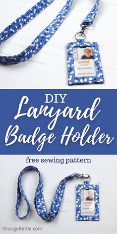 the diy lanyard badge holder is made with blue and white polka dot fabric