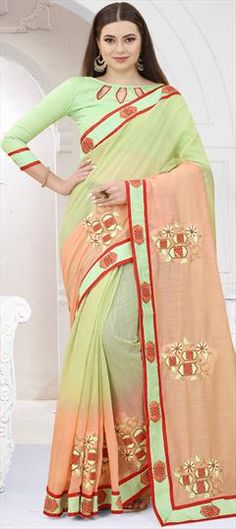 Green, Orange color Saree in Art Silk, Silk fabric with Embroidered, Resham, Thread, Zari work Party Wear Sarees Online, Online Shopping Sarees, Indian Bridal Lehenga, Party Sarees, Latest Designer Sarees, Zari Work, Designer Sarees