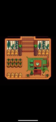 an overhead view of a kitchen and dining area in the game, with plants on the counter