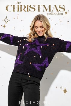 Get ready for the festive season in style! Made from a comfortable knit fabric this jumper features long sleeves, a scoop neckline and a star glitter design. Wear with leggings and boots for a cosy & stylish winter look. Star Jumper, Glitter Design, Wear With Leggings, Purple Glitter, Knit Fabric