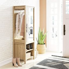 a white brick wall in a room with a wooden cabinet and shoes on the floor