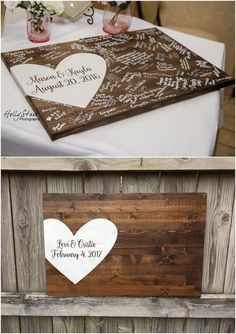 two pictures with hearts on them and the names of their wedding day written in white ink