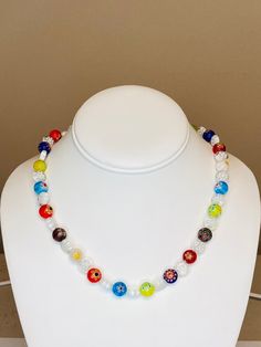 10 MM Round Glass Beads 10 MM Clear Flat Beads Necklace is 16 inches with 2.5 extender Yellow Flower Necklace, Murano Jewelry, Italian Necklace, Flat Beads, Murano Glass Necklaces, Multi Coloured Necklaces, Round Flower, Gold Bead Necklace, Rose Pendant