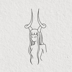 a drawing of a woman with long hair and horns on her head, in black ink