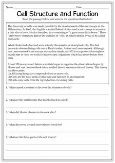 cell structure and function worksheet with answers for students to use in the classroom