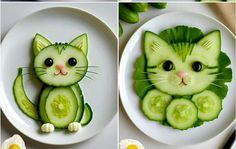 there is a cat made out of cucumbers on the plate and in the shape of a cat