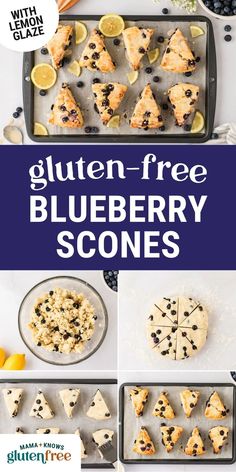 blueberry scones on a baking sheet with lemons and blueberries in the background