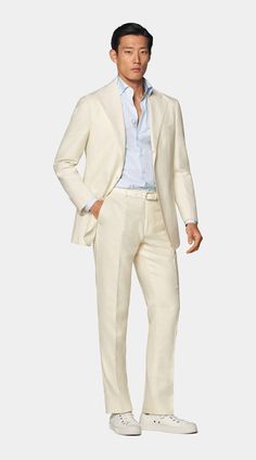 Off-White Relaxed Fit Roma Suit in Wool Silk Linen White Linen Suits For Men, Suit For Men Wedding, Linen Suits For Men, White Linen Suit, Custom Tuxedo, Class Outfits, Perfect White Shirt, Blazer Outfits Men, Tuxedo Accessories