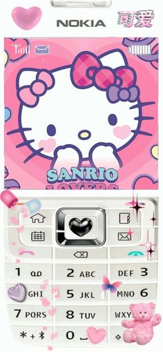 an old cell phone with hello kitty on the front and bottom panel, in white