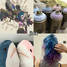 the collage shows two different pictures with spray cans and shark stuffed animals in front of them