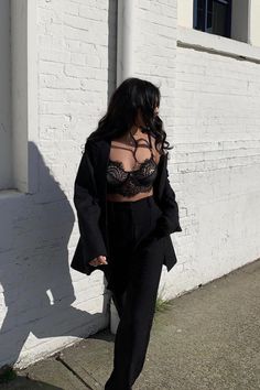 All black outfit in this black bra and blazer with trousers. Add some spice to your weekend with this sexy bra crop top. Gooseberry Intimates, Longline Bra, Crop Top Bra, Black Bralette, Black Bra, Bralette Tops, Lace Bralette, All Black Outfit, Bra Lingerie