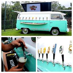 an old vw bus has been converted into a bar with beer taps on the side