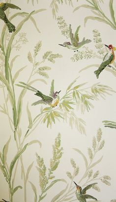 three birds are flying in the air near some plants and flowers on a wallpaper