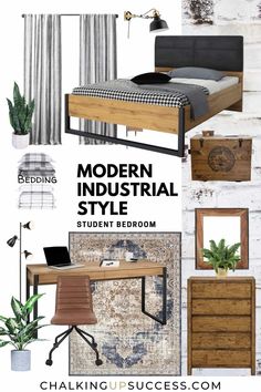 the modern industrial style student bedroom is shown in black and white, with wood accents