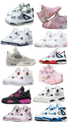 many different colorways of sneakers in various styles and sizes, all on white background