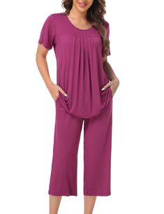 PRICES MAY VARY. HIGH QUALITY MATERIAL - Capri pajamas set is made of 95% Rayon, 5% Spandex, the fabric is soft, comfy, stretchable and lightweight. TWO PIECES OF PJS SET - Cute & convenient. Relaxed fit Solid color crewneck short sleeve tops with pleated front. Capri pajama pants with 2 pockets and elastic waistband which is stretchy and roomy. RELAXED FIT - No matter you are petite or plus size, this pjs for women accommodates almost all body shapes and sizes. With it's soft to the touch feel Lounge Sets For Women, Summer Pjs, Pjs Set, Womens Pajama, Sets Summer, Womens Pajama Shorts, Pants With Pockets, Womens Pyjama Sets, Knit Short