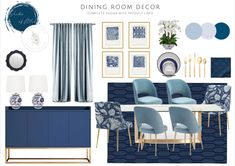 a dining room design board with blue chairs and white tablecloths, gold accents