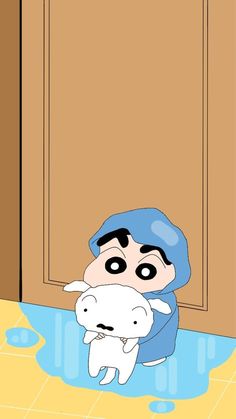 a cartoon character holding a white cat in front of a wooden door with water on the floor