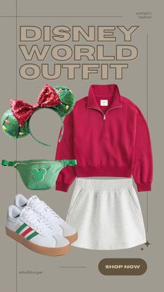 Christmas outfit for Disney World  Red half zip sweatshirt Knit skirt Christmas light ears Green Mickey Fanny pack Christmas colors red and green sneakers  Follow my shop @shelbburger on the @shop.LTK app to shop this post and get my exclusive app-only content!  #liketkit #LTKTravel #LTKSeasonal #LTKShoeCrush @shop.ltk https://liketk.it/4PCjN Family Disney Outfits Christmas, Jollywood Nights Outfit, Easy Disney Outfits, Cute Christmas Disney Outfits, Disney During Christmas Outfits, Disney At Christmas Outfits, Disney December Outfits