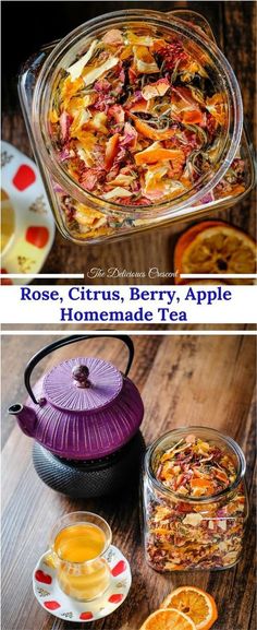 an assortment of teas and orange slices on a table with the words rose, citrus, berry, apple homemade tea