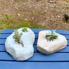 two rock shaped planters sitting on top of a blue table