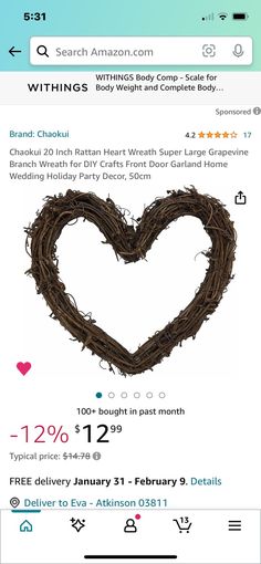 a heart made out of twigs on top of an amazon page, with the price listed below it