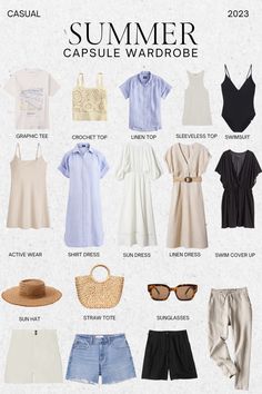 Capsule Wardrobe Outfits 2023 Summer, Warmer Weather Outfits, Holiday Capsule Wardrobe Summer, Summer Dress Capsule Wardrobe, Capsule Holiday Wardrobe, Greece Capsule Wardrobe Summer, London Summer Capsule Wardrobe, Summer Vacation Capsule Wardrobe 2023, Summer Travel Capsule