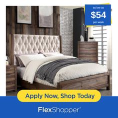 an advertisement for a bed and dressers in a store with the text apply now, shop today