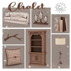 a collage of furniture and decor with the words chalet on it in brown