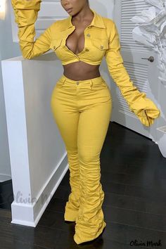 Color: Yellow, Size: 2XL Yellow Two Piece, Green Two Piece, Red Two Piece, Two Piece Pants Set, Top Pants Set, Turndown Collar, Yellow Fashion, Fashion Pattern, Short Jacket