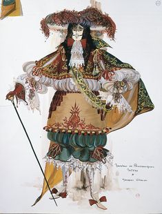 a drawing of a woman dressed in elaborate clothing