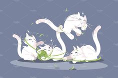 three white cats are playing with each other