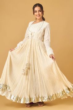 Buy Ivory Chanderi Embroidered Thread Work Gota Kalidar Anarkali Set For Women by MAISOLOS Online at Aza Fashions. Beige Anarkali Gown With Sheer Dupatta, Anarkali Cream Dress For Festivals, Designer Cream Gown With Dupatta, Bollywood Style Designer Gown In Beige, Designer Cream Gown With Sheer Dupatta, Off White Floor-length Designer Anarkali Set, Bollywood Style Beige Gown For Designer Wear, Cream Georgette Anarkali Dress, Cream Anarkali Dress In Georgette