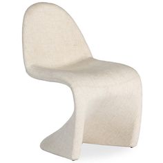 an upholstered white chair with a curved back and foot rest, viewed from the side