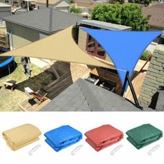 an image of a blue and tan triangular shade sail on top of a roof with other colors