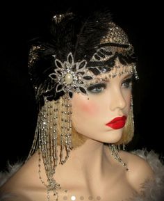 Roaring 20s Party Dress, 1920s Makeup Look, Neon Party Themes, Great Gatsby Headpiece, Gatsby Look, Flapper Headpiece, Beaded Headpiece, Gatsby Costume