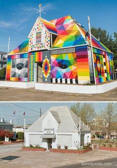 two different pictures of the same building and one has a colorful mural on it's side