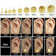 different types of ear studs are shown in this image, and the size is approximately compared to each other