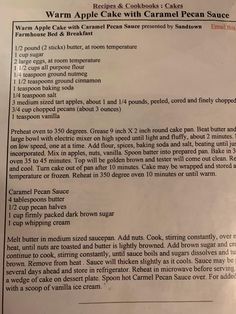 the recipe for warm apple cake with caramel pecan sauce is shown in full text