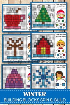 the winter themed cross stitch pattern is shown in four different colors, including blue and white