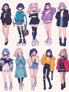 Female Casual Outfits Drawing, Anime Fashion Outfits For Women, Anime Fashion Illustration, Edgy Anime Outfits, Casual Clothes Reference, Cute Outfits Drawings Character Design, Character Outfit Ideas Casual, Vaporwave Character Design, Casual Outfits Design Drawing