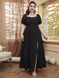 Negro Elegante Collar manga corta Tela Liso A línea Embellished Elástico Ligero Primavera/Verano Black Maxi Dress Plus Size, Simple Black Dress Plus Size, Dress For Chubby Ladies Formal, Simple Long Black Dress, Dress For Chubby Ladies, Simple Formal Dress, Sleek Wedding Dress, Black Wedding Guest Dresses, Lace Frocks