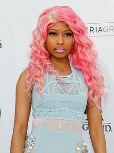 nicki mina at the billboard music awards wearing pink wig and sheer mesh bodysuit