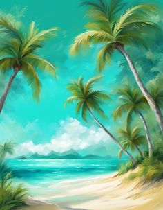 a painting of palm trees on the beach