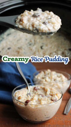 creamy rice pudding in a crock pot with spoon