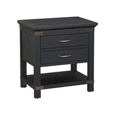 a black night stand with two drawers on one side and gold handles on the other